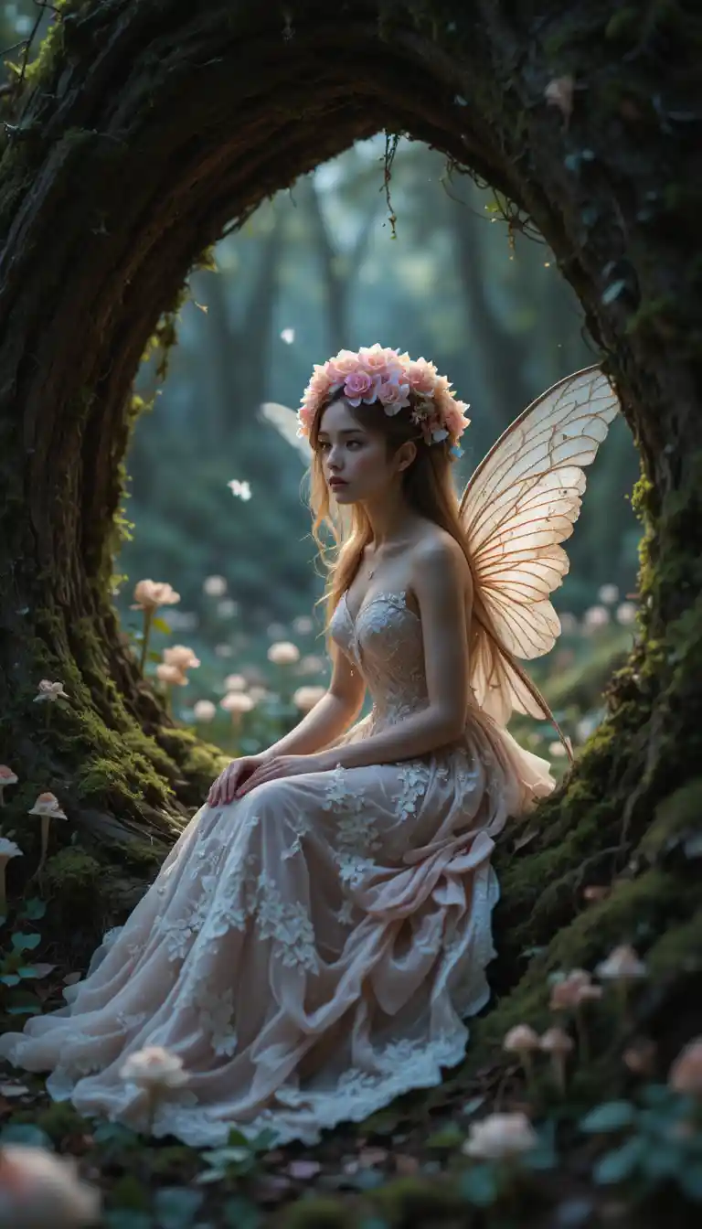 Wood fairy in a mossy tree hollow at twilight