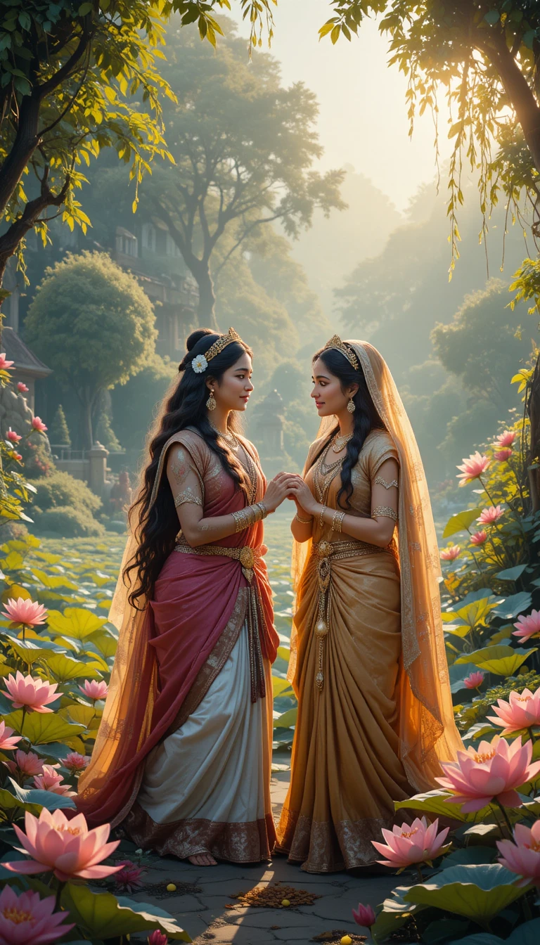 Devotional women standing together in a lotus garden