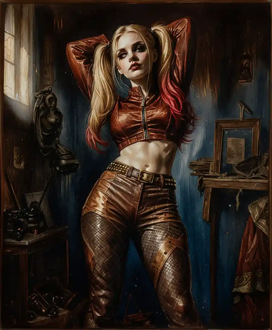 Gothic woman in leather posed under dramatic blue moonlight