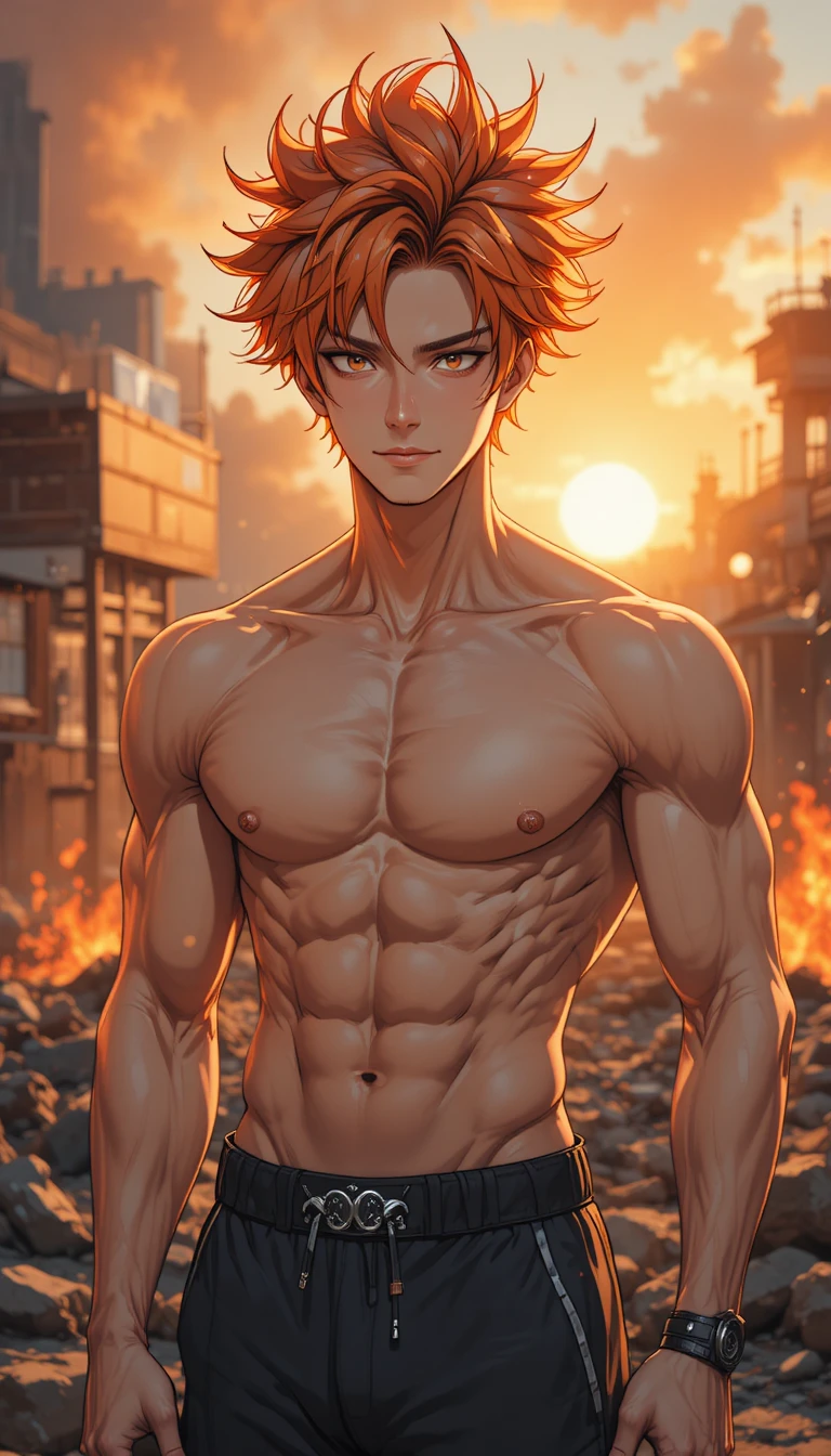 Confident muscular anime man at sunset outdoors