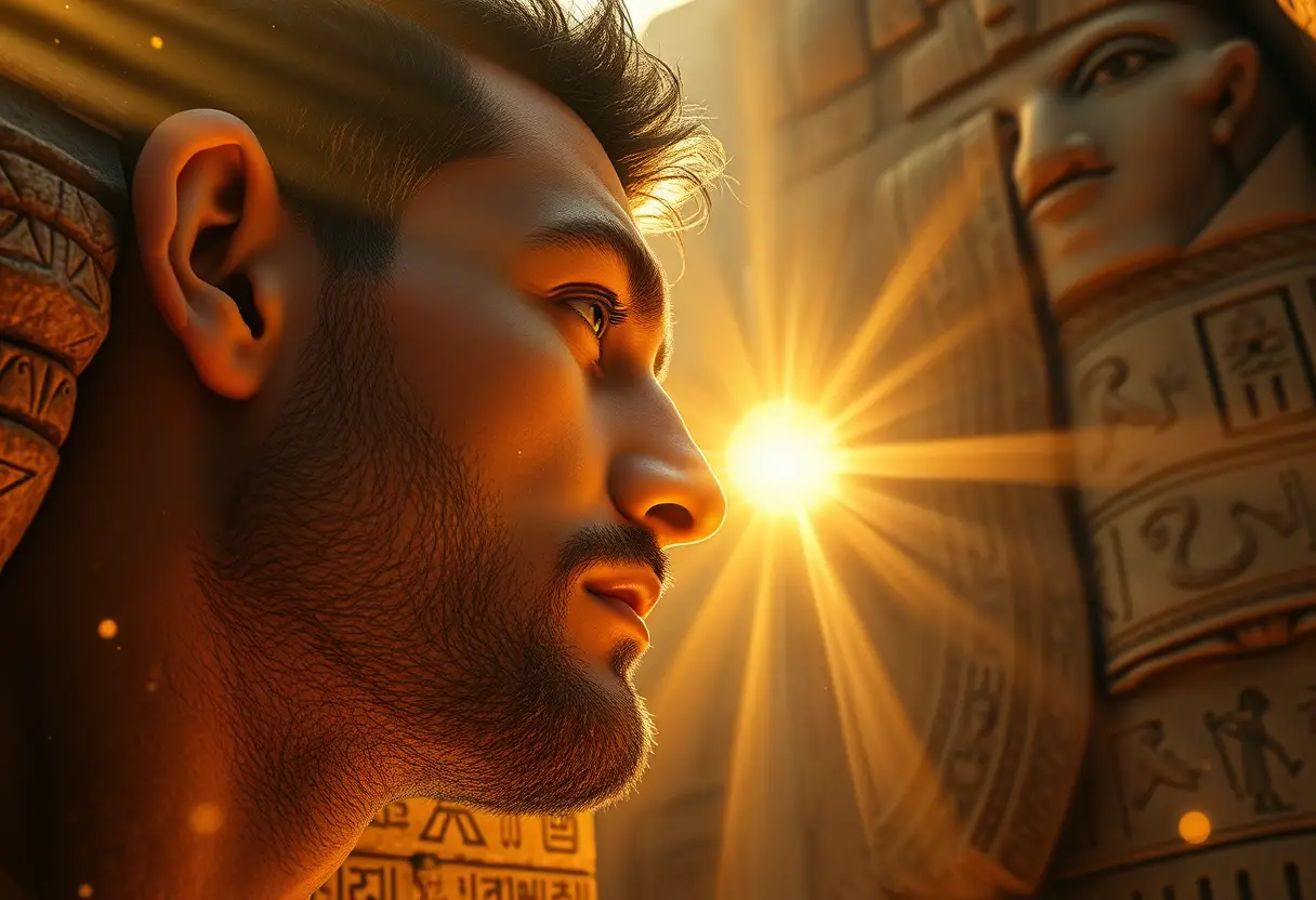 Close up profile of man crying before living stone gods