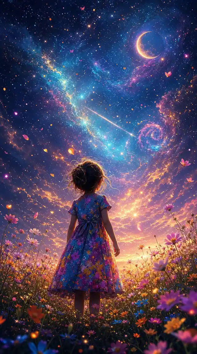 Little girl in painted dress under a glowing magic sky