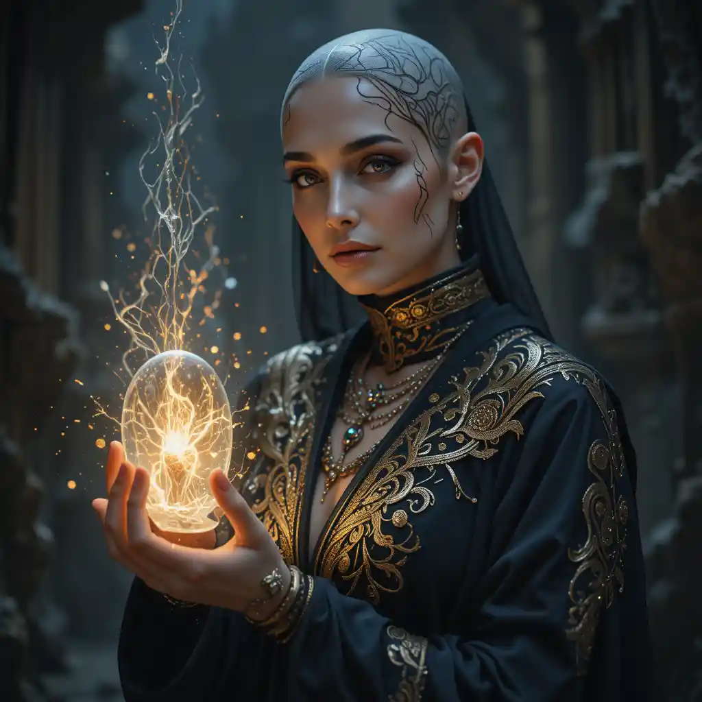 Bald tattooed woman holding a glowing crystalline artifact