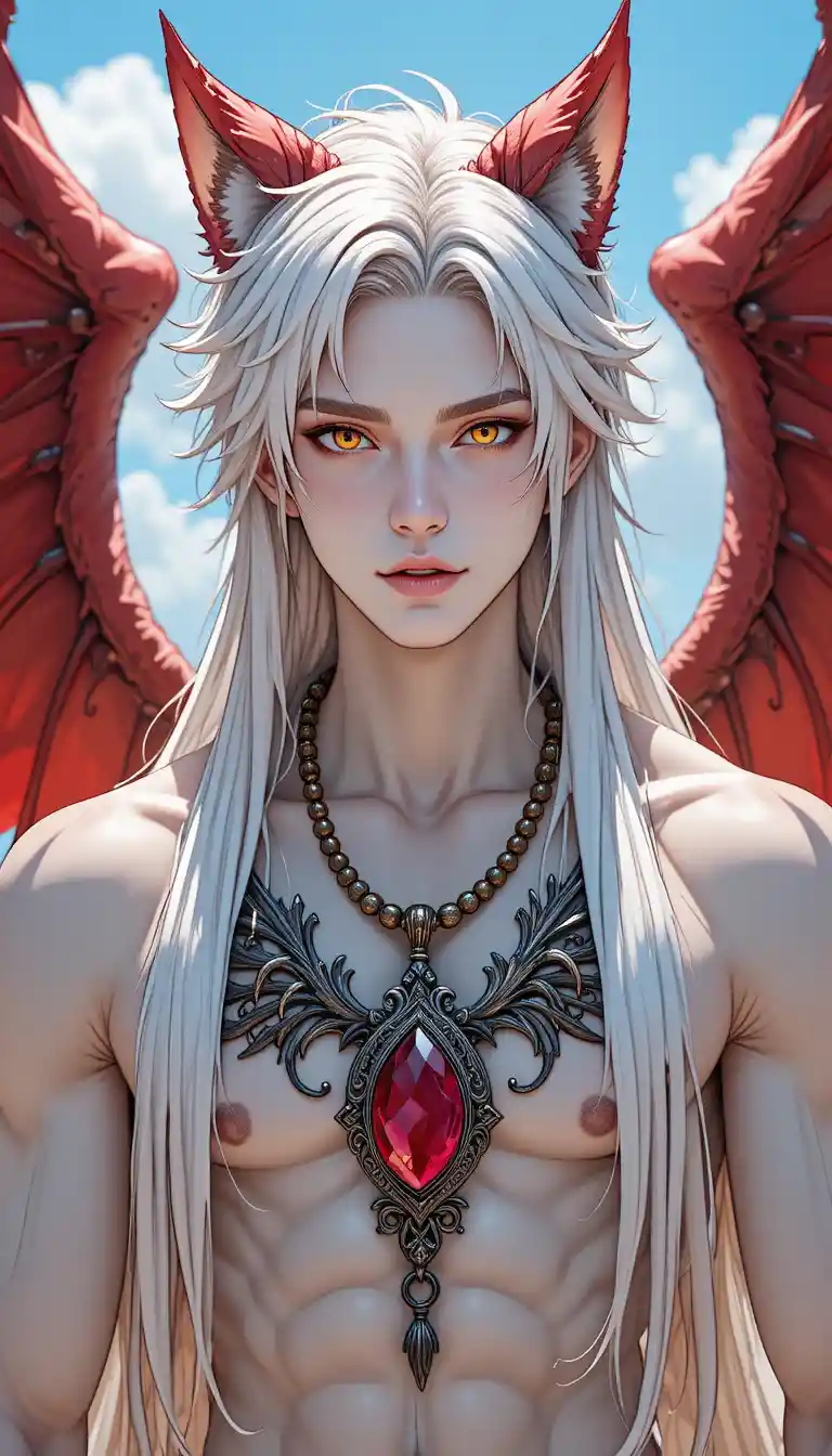 Tall heterochromatic anime man with red and white hair