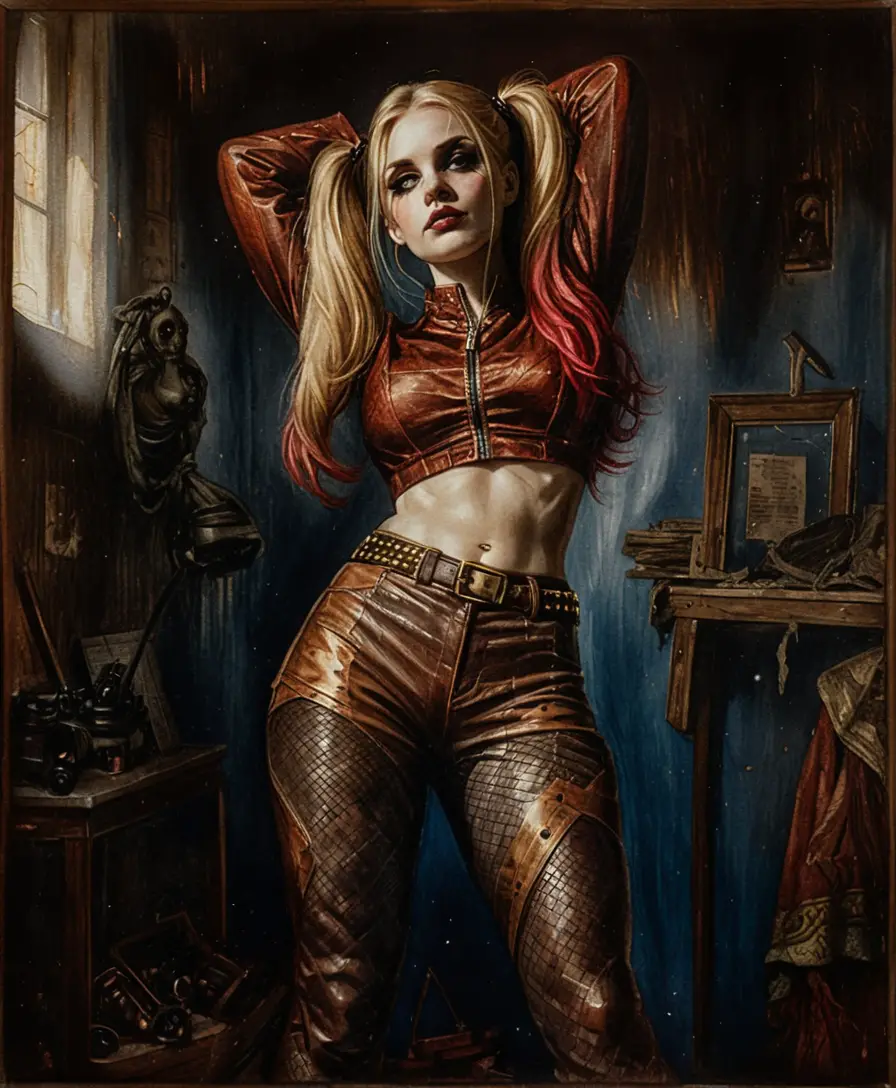 Gothic woman in leather posed under dramatic blue moonlight