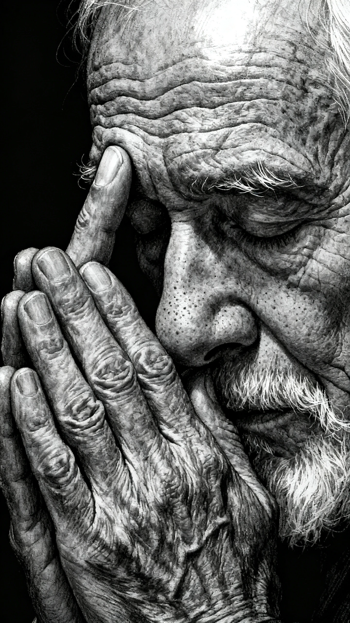 Old man praying with clasped hands in graphite close up