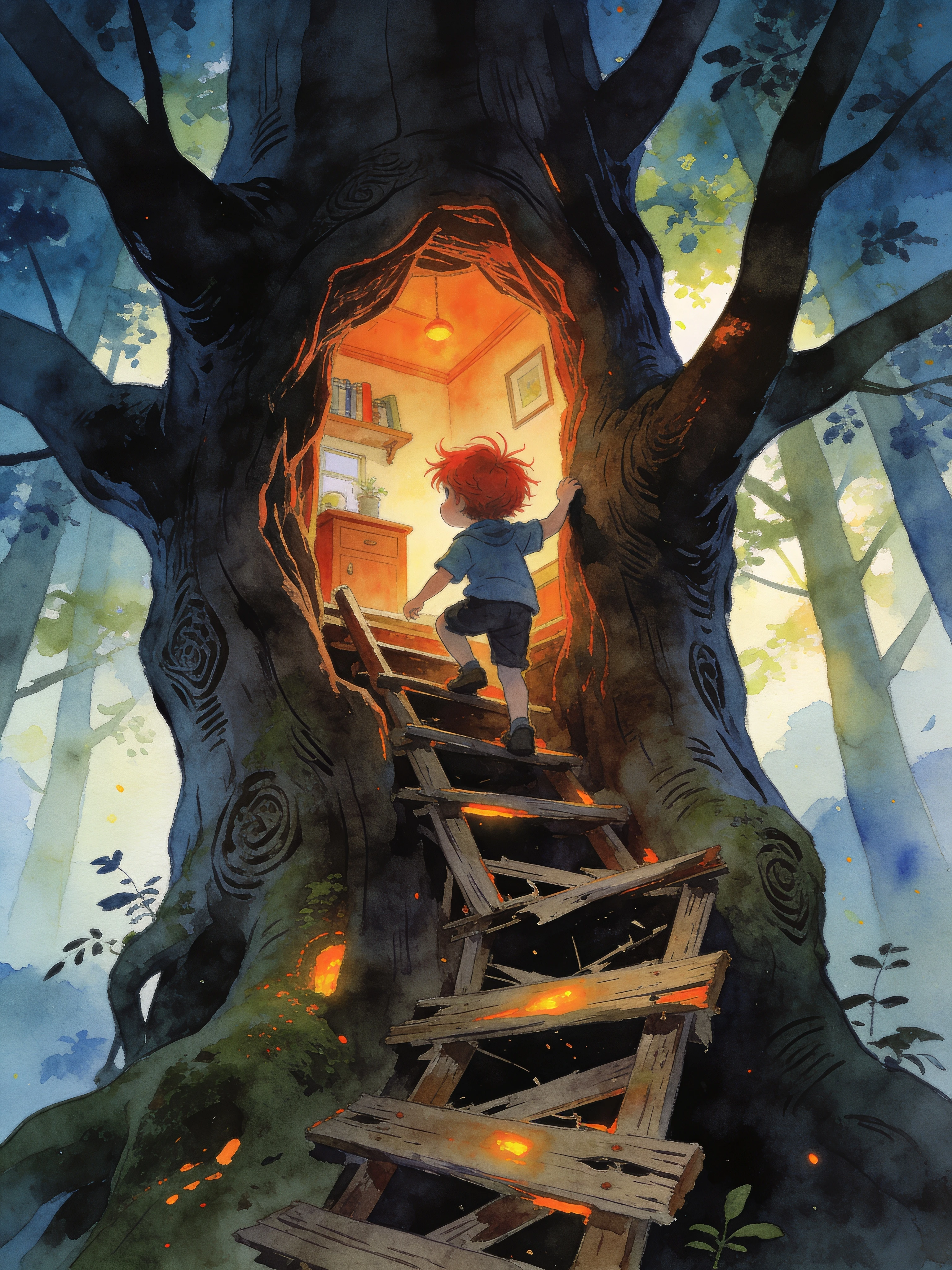 Whimsical man climbing inside a giant mystic tree