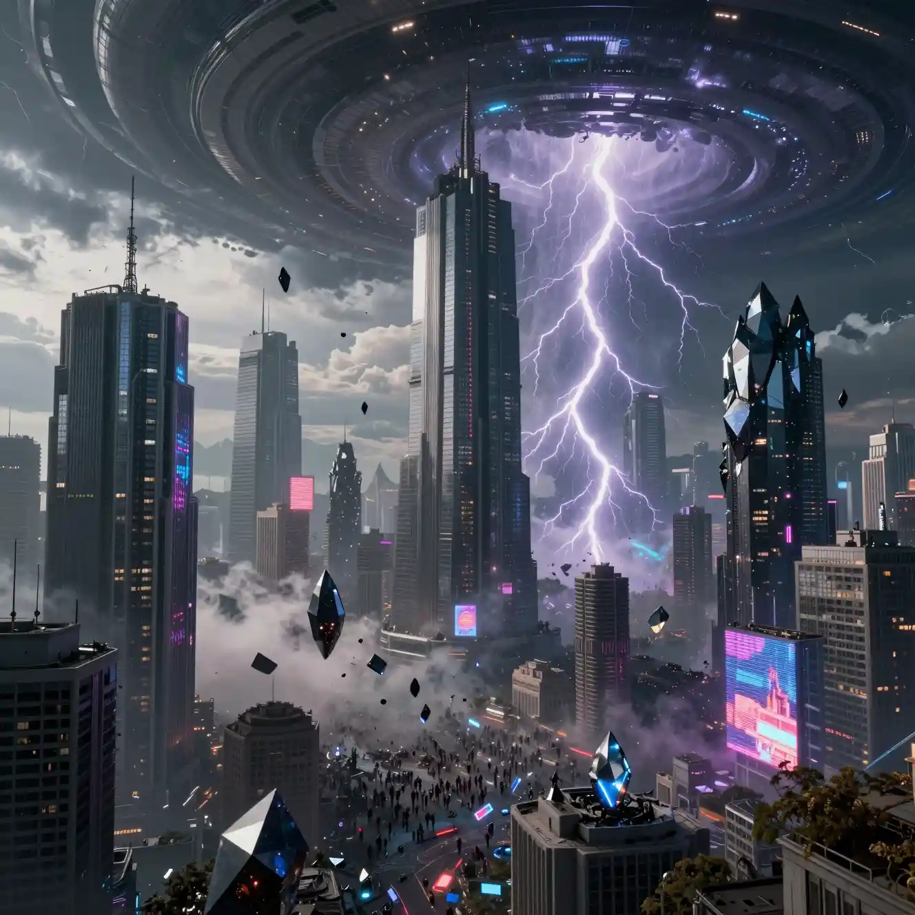Futuristische Megastadt verzerrt, während die Realität im Chaos zusammenbricht