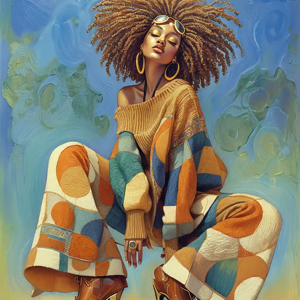 Young woman with afro hair in colorful patchwork outfit