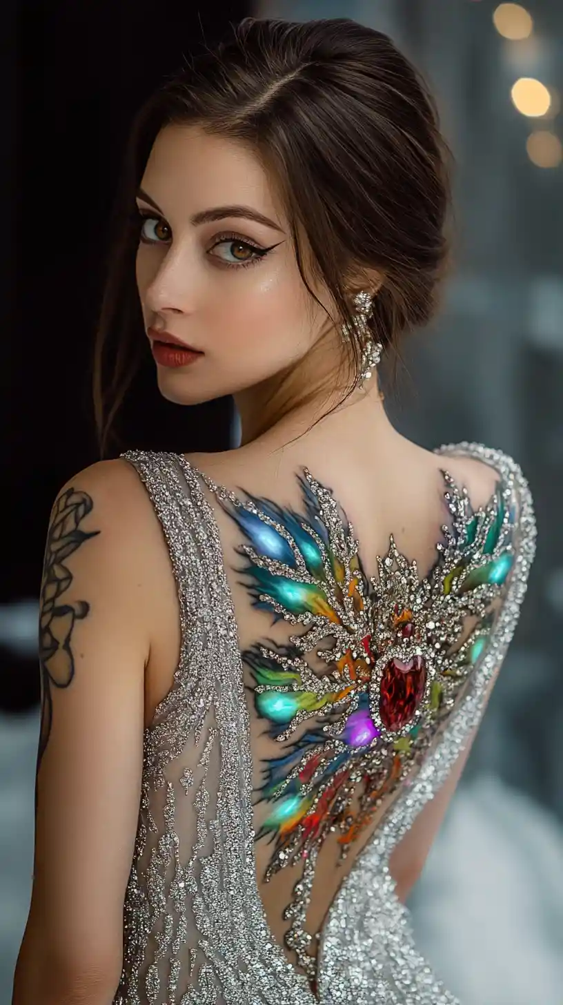 Woman in open back dress with glowing tattoo detail