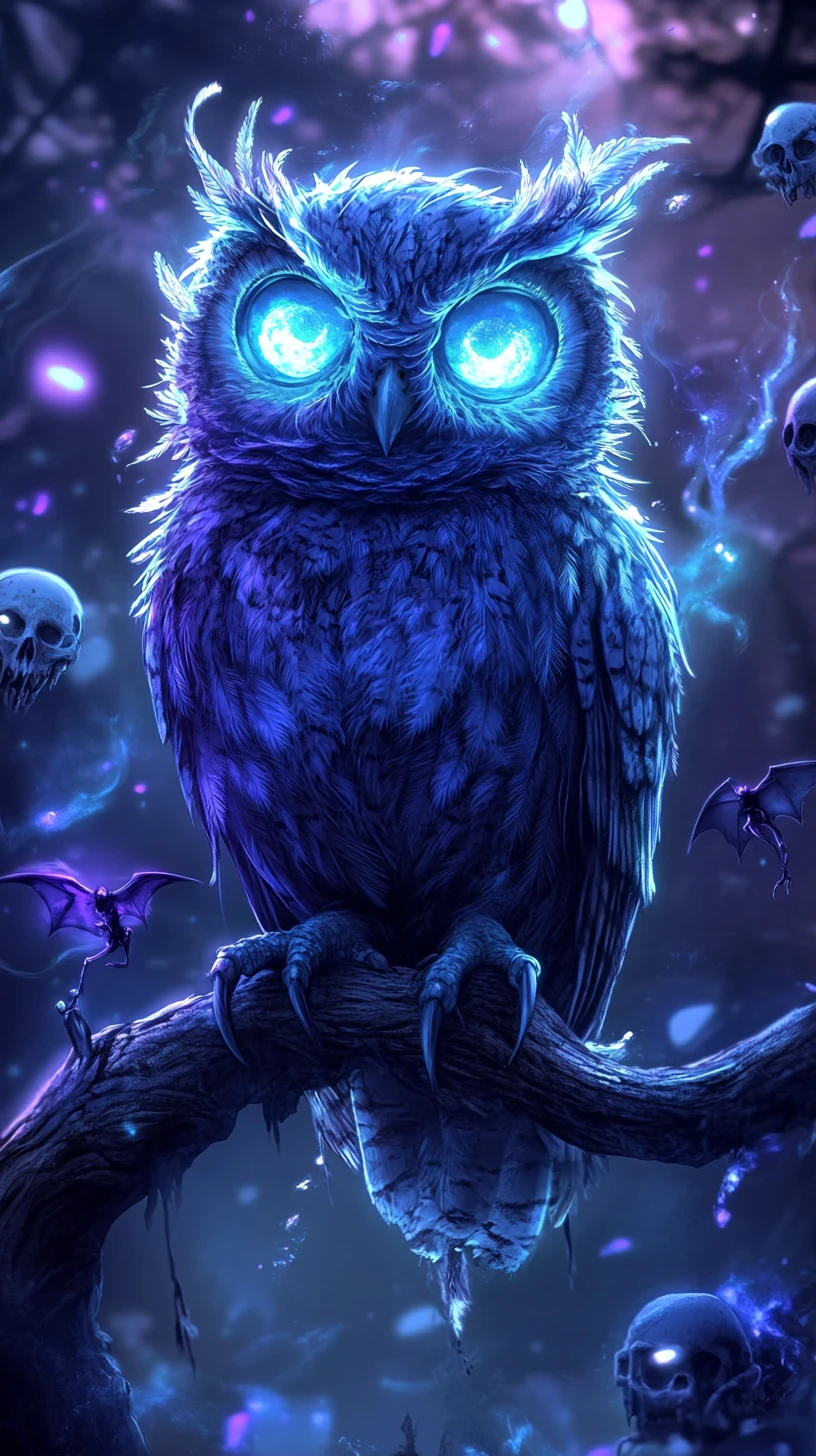 Cute chubby owl with skeletal face and glowing ectoplasm feathers