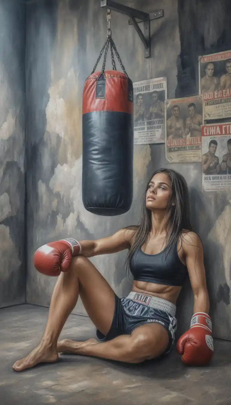 Exhausted female boxer resting on the gym floor