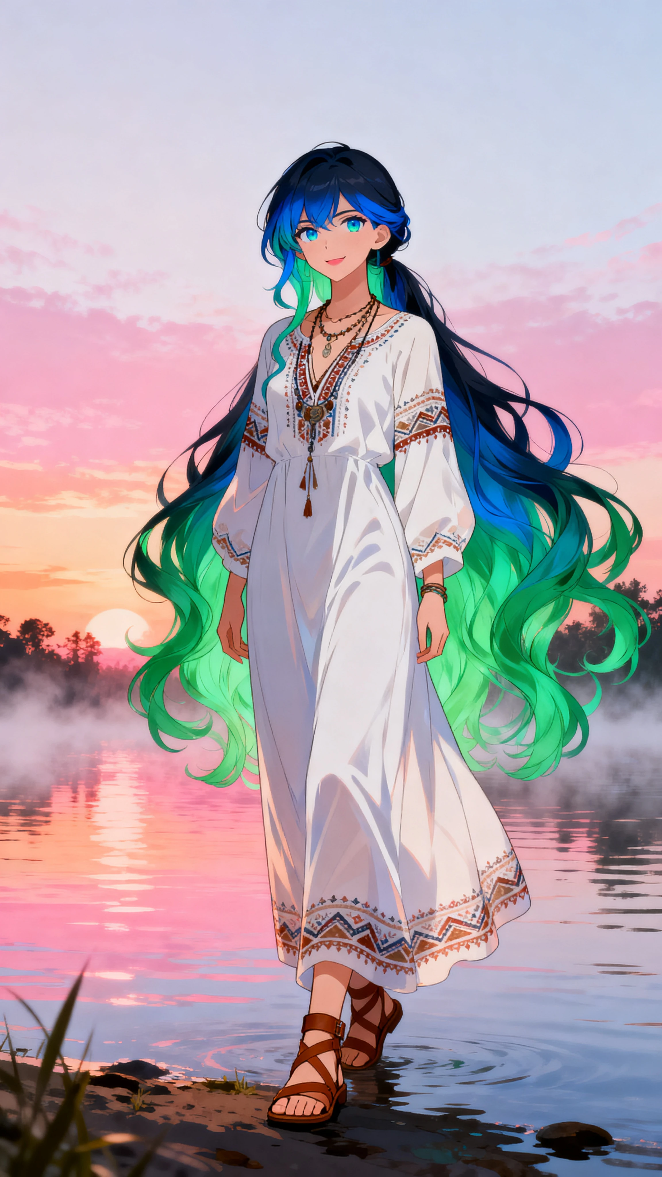 Confident anime girl by the water in dawn light