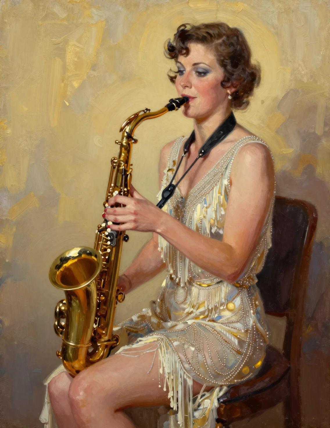 Flapper woman playing tenor saxophone in soft golden light