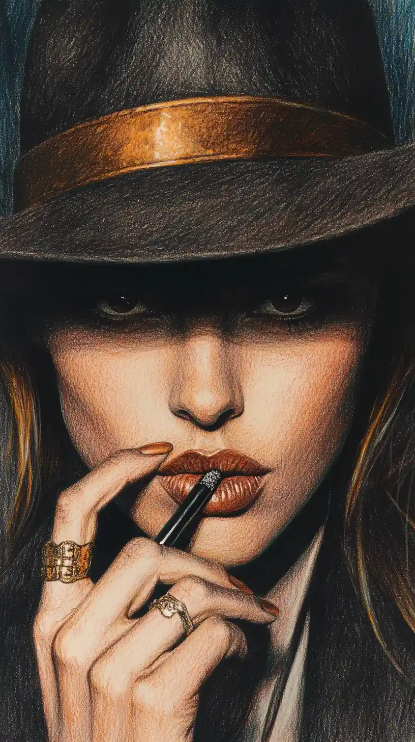 Mysterious woman in fedora with cigarette holder portrait