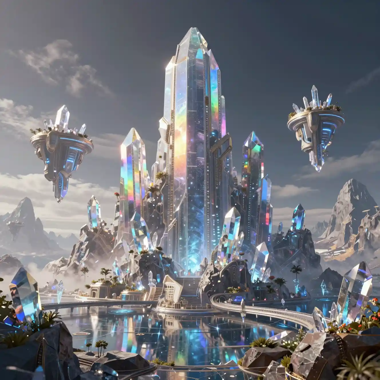 Alien crystal city carved into colossal shimmering mountains
