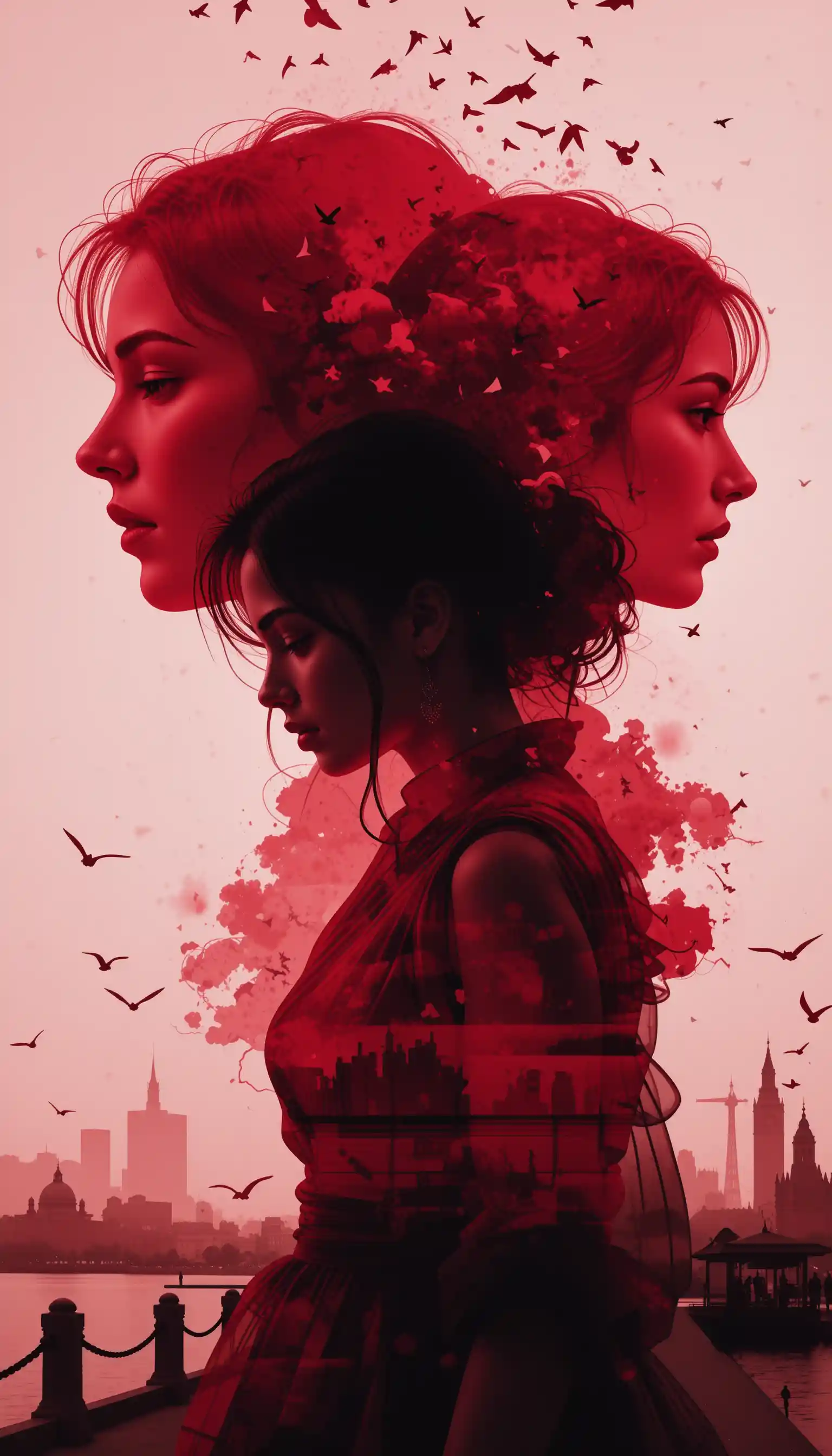 Melancholic woman in layered crimson double exposure portrait