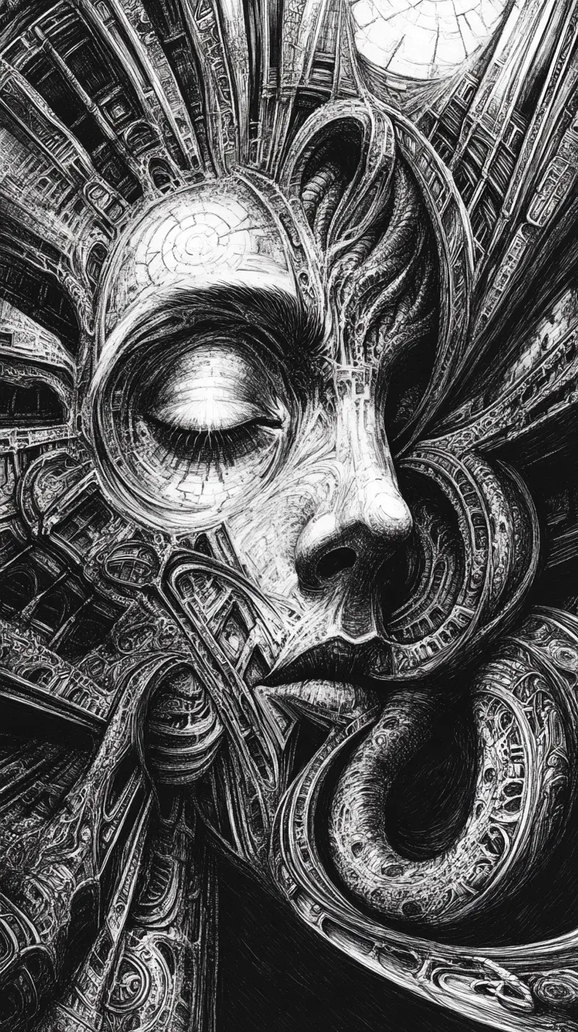 Surreal human face opening into gothic cathedral interior