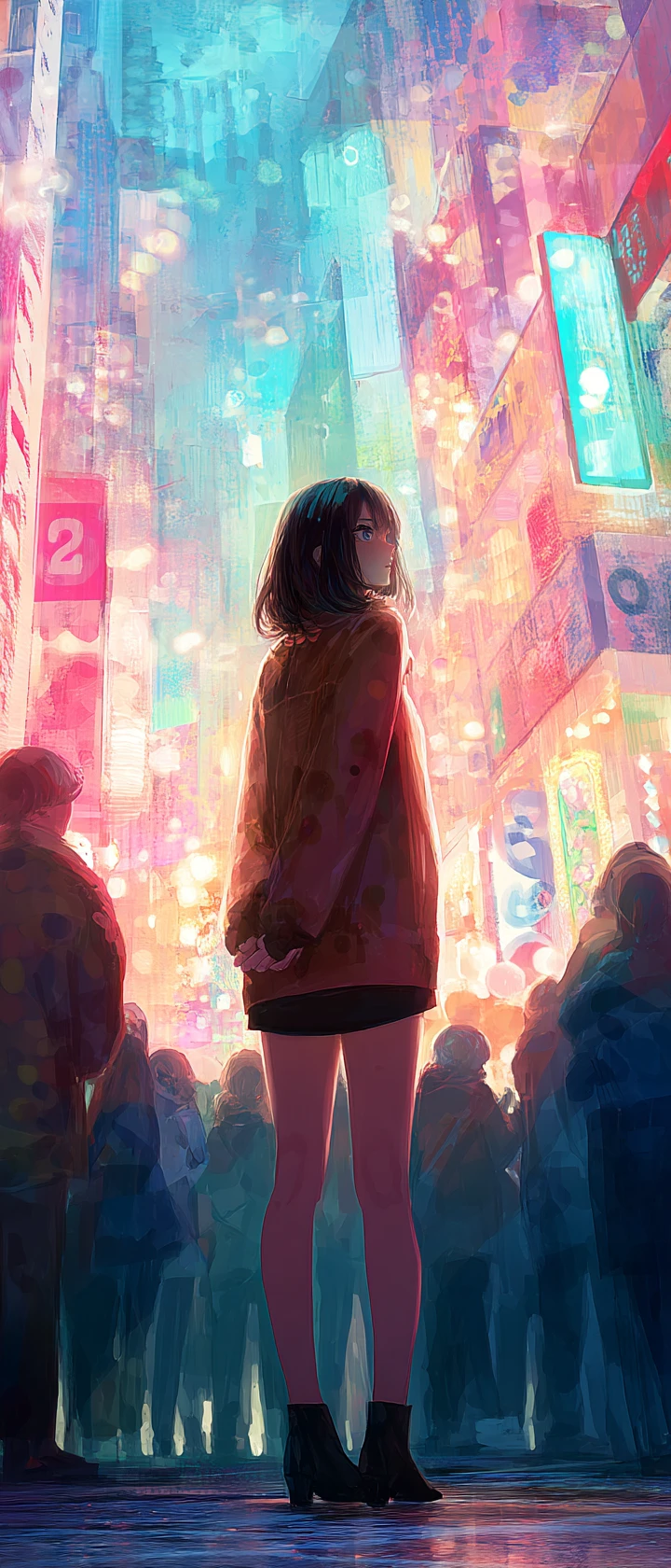 Anime girl absorbing joy in neon city plaza