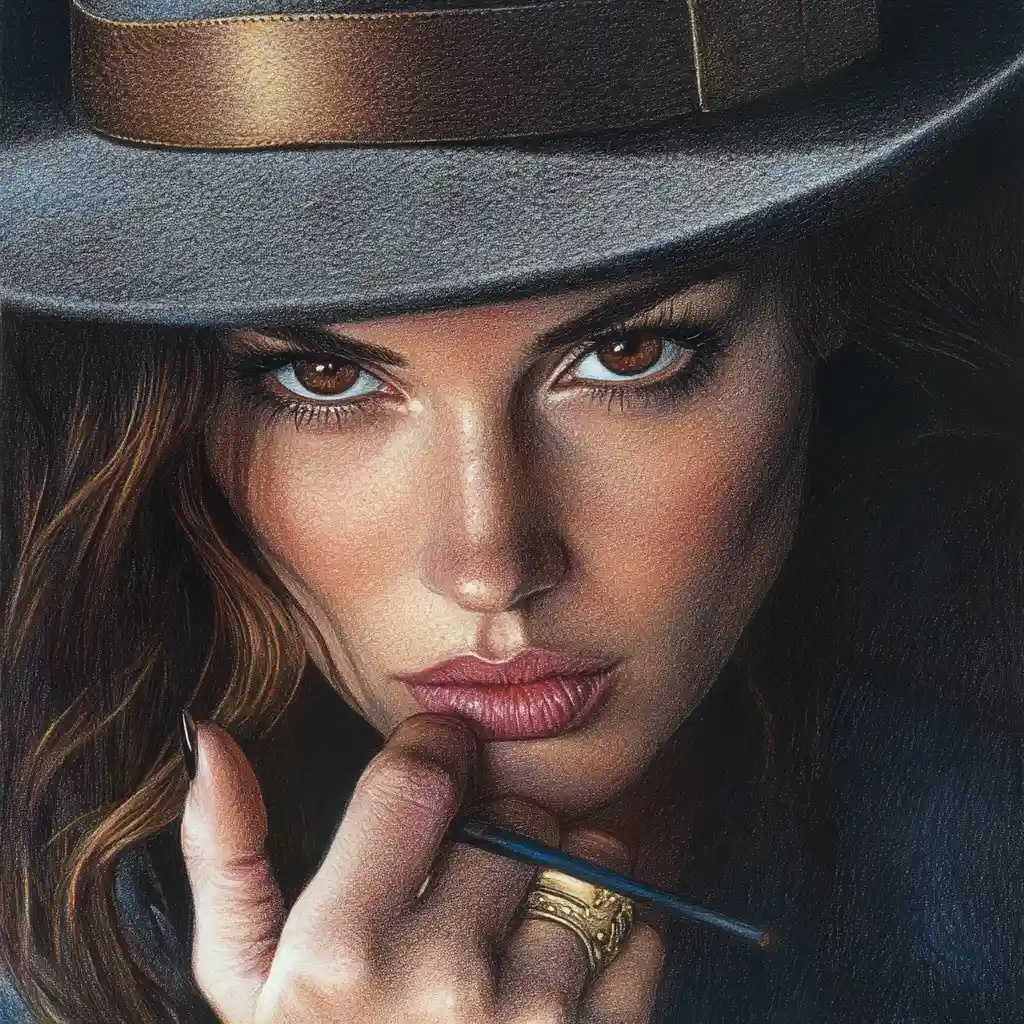 Mysterious woman in fedora with cigarette holder portrait