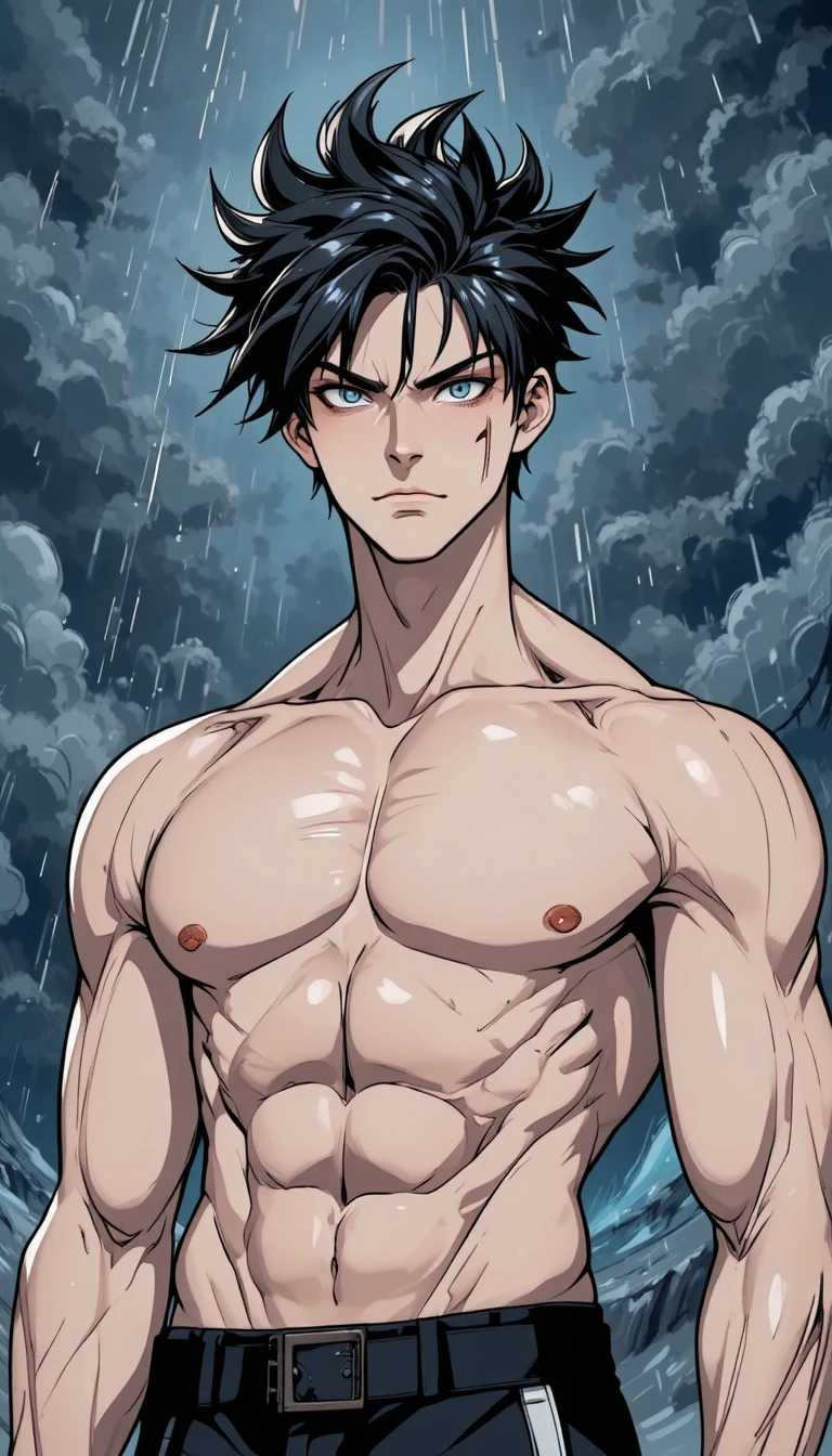 Tall muscular man with scar in stormy outdoor scene