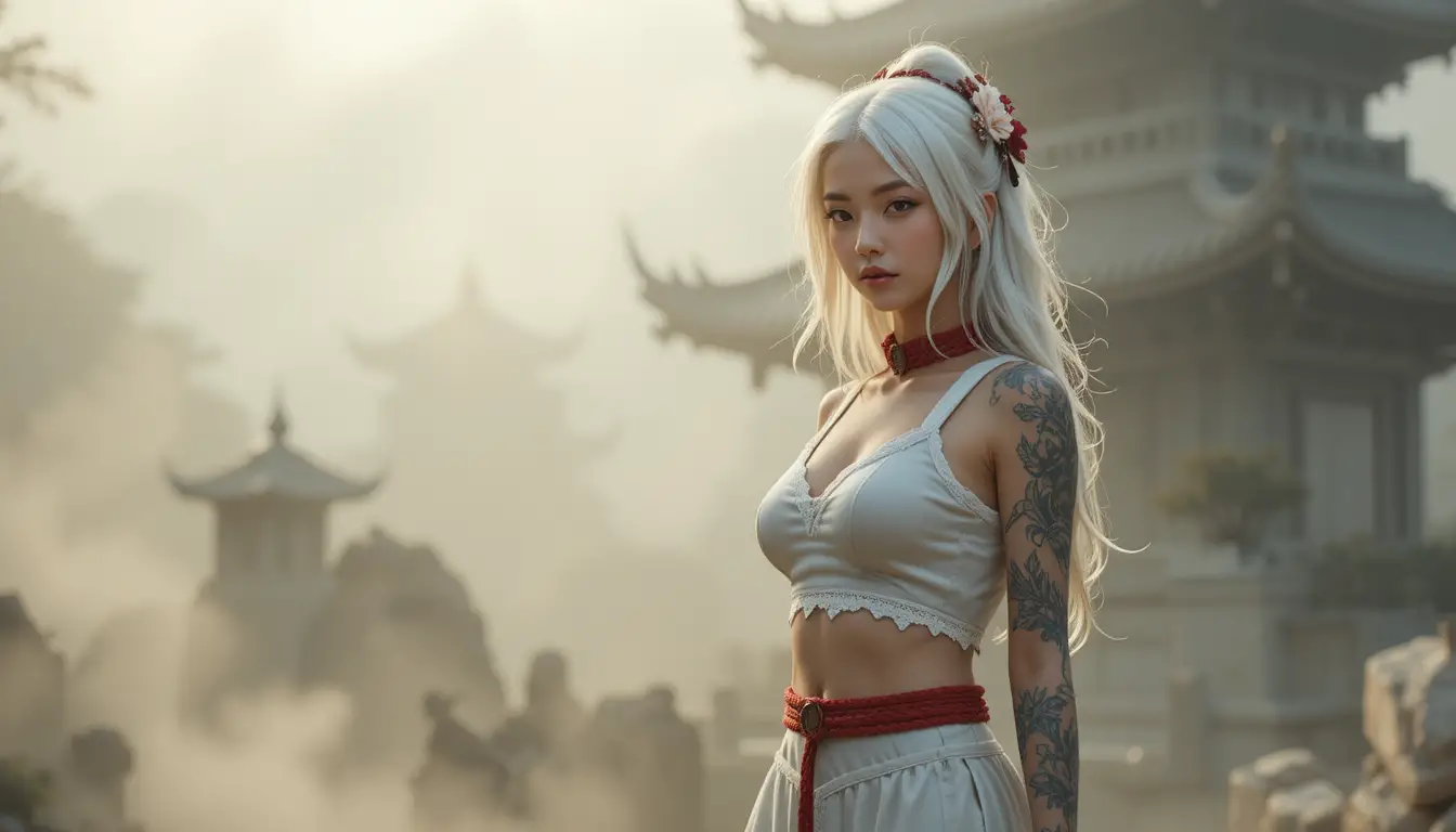 White haired asian woman at misty buddhist temple