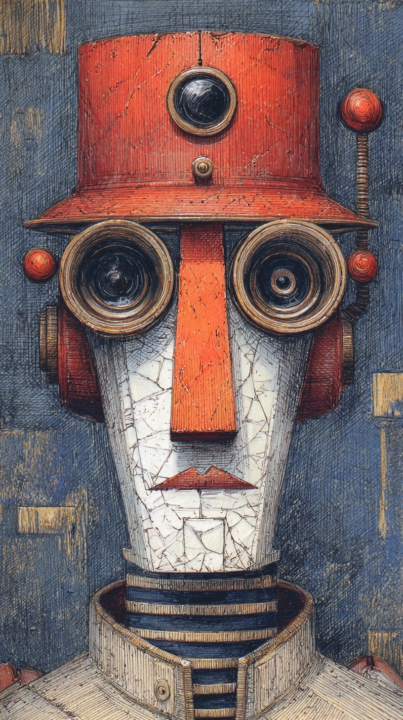 Surreal robot bust portrait with cracked white face