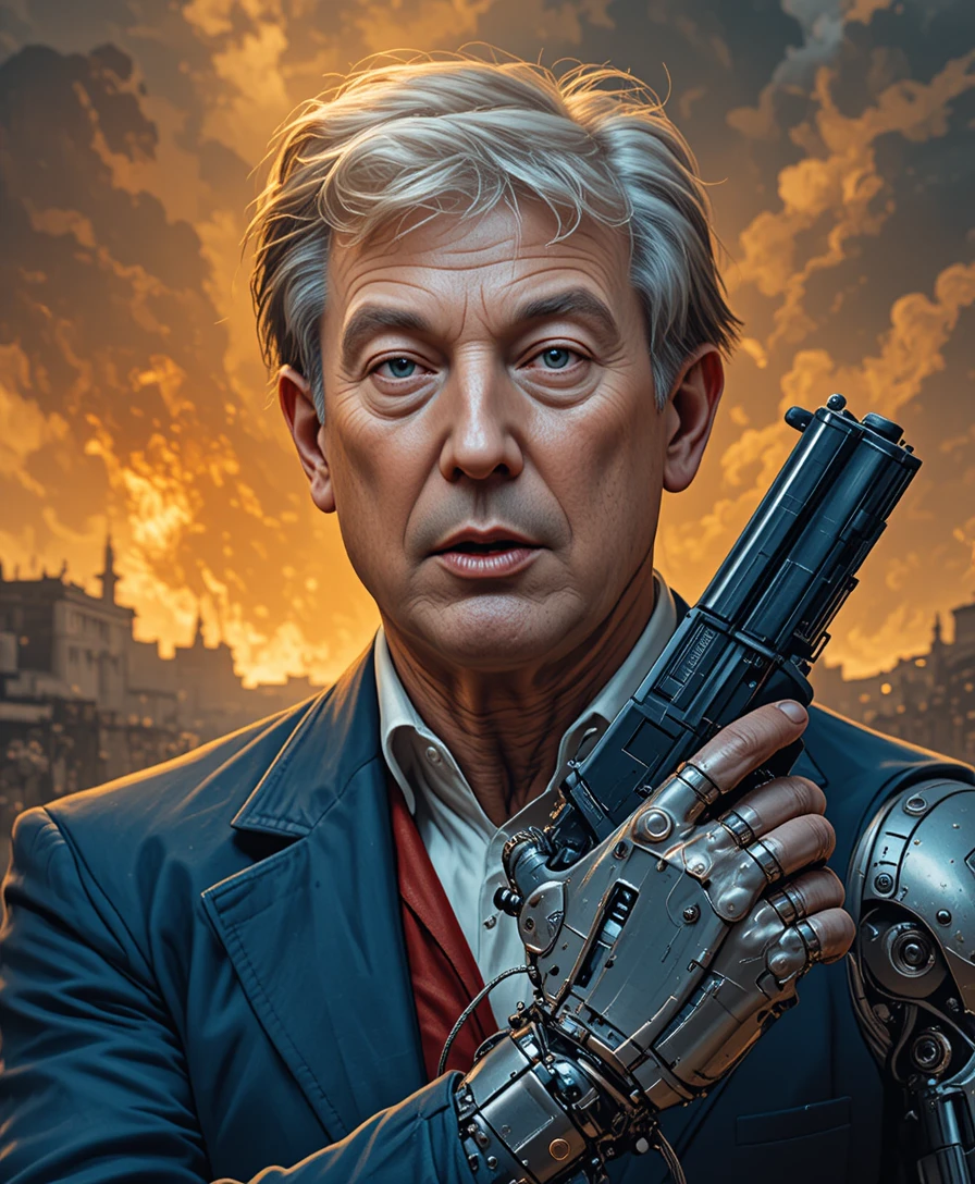 Cyborg man with gun in fiery apocalyptic landscape