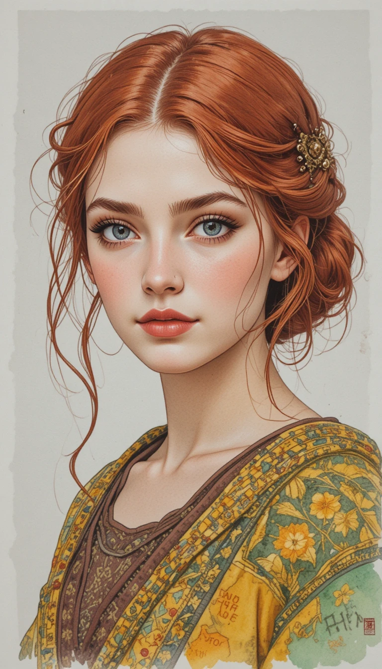 Young Etruscan woman in colorful watercolor portrait