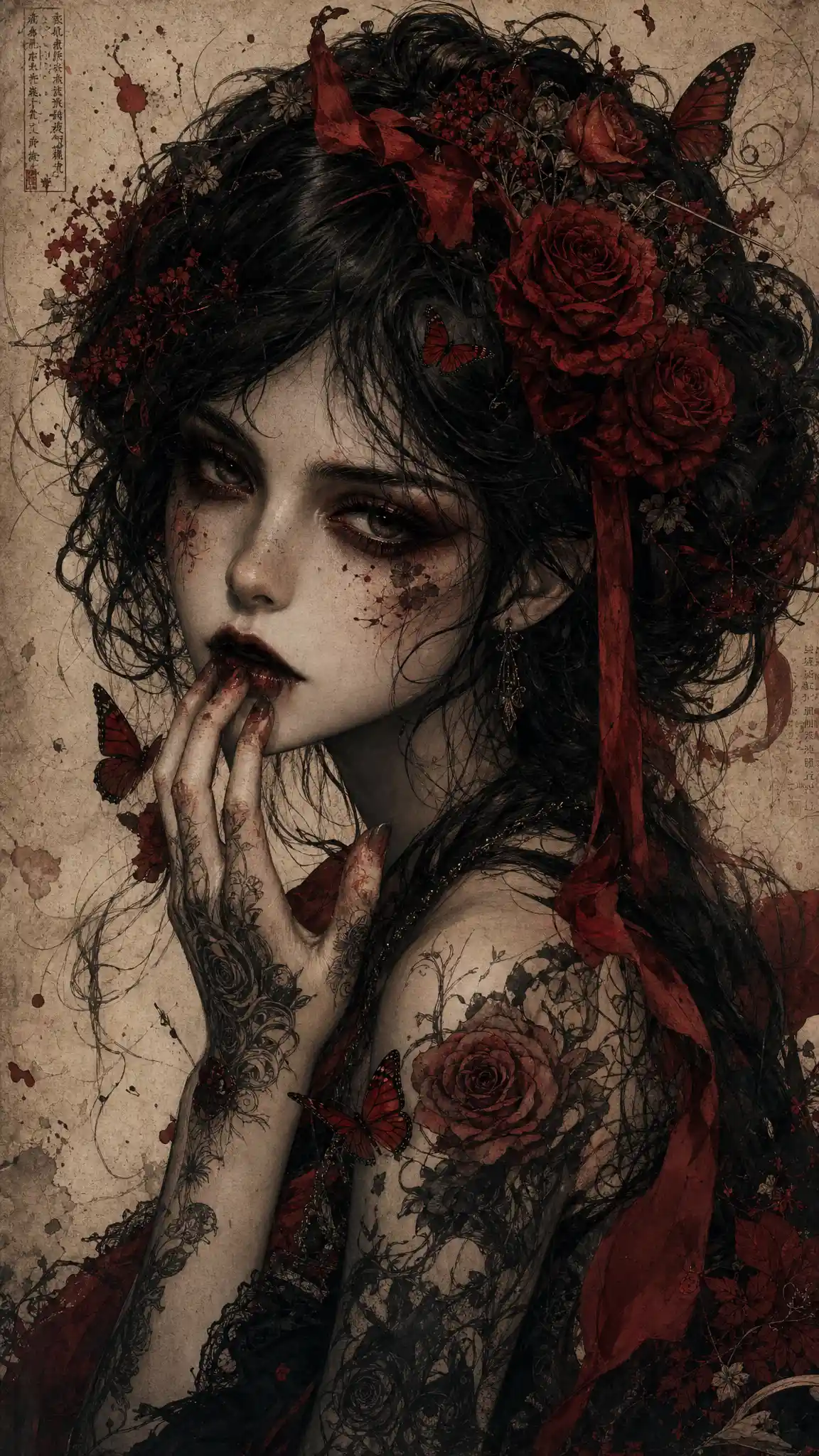 Melancholic girl portrait with roses butterflies and red ribbons