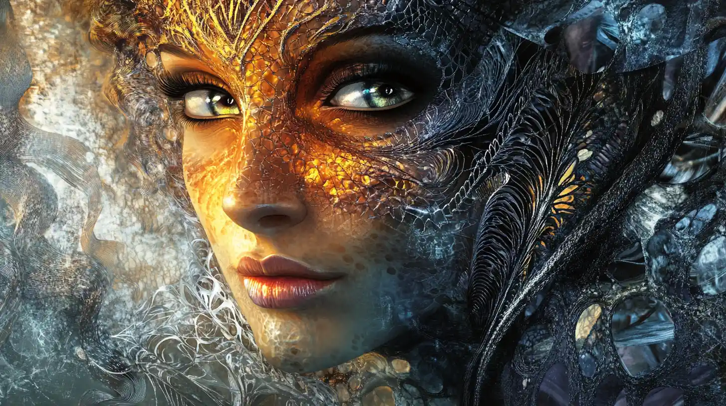 Surreal jeweled face with glowing enigmatic gaze