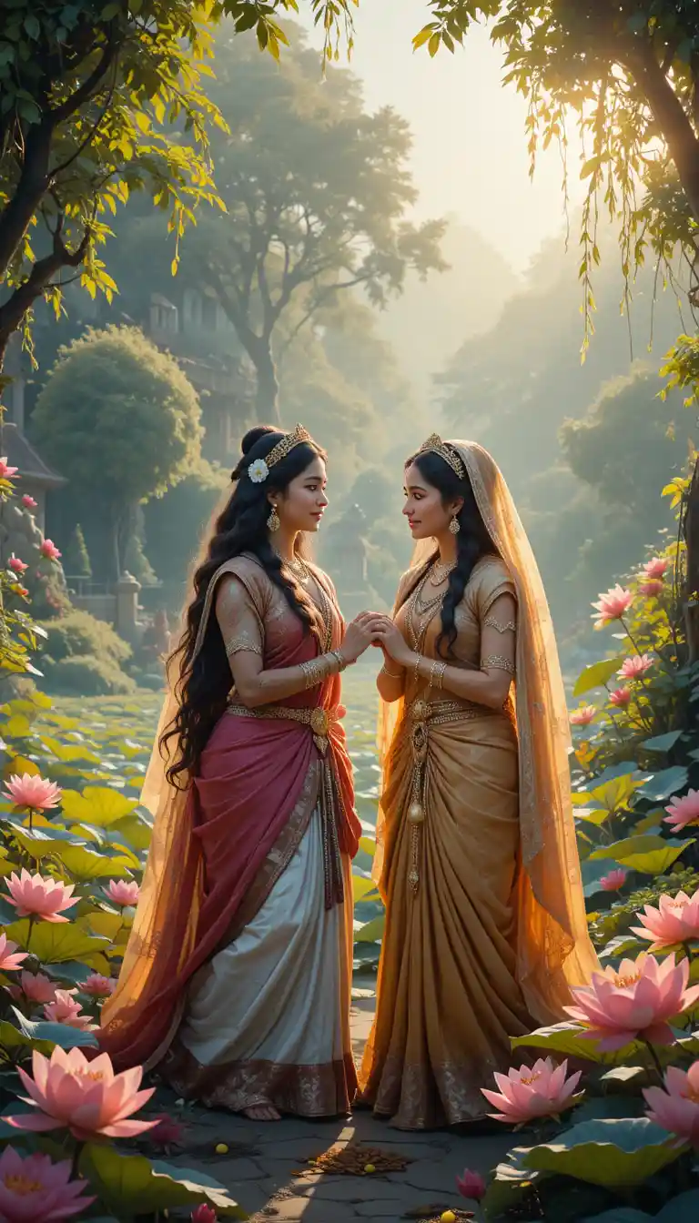 Devotional women standing together in a lotus garden