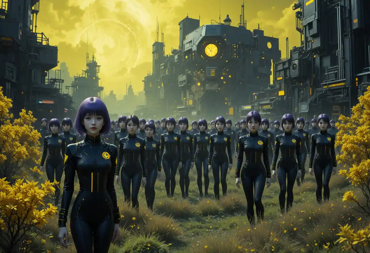 Futuristic army of gray skinned teenage girls in neon campus
