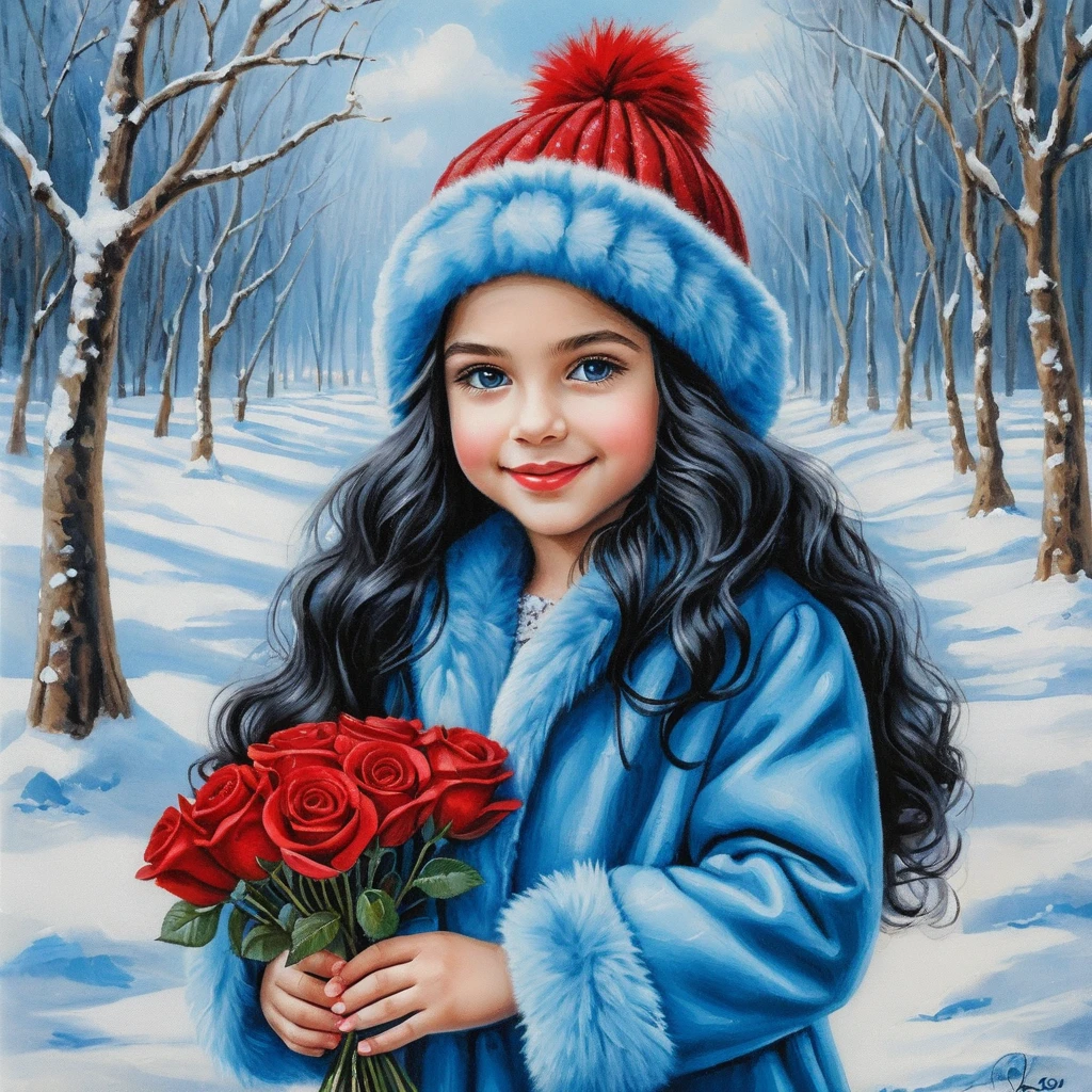 Smiling winter girl with roses in a blue fur outfit