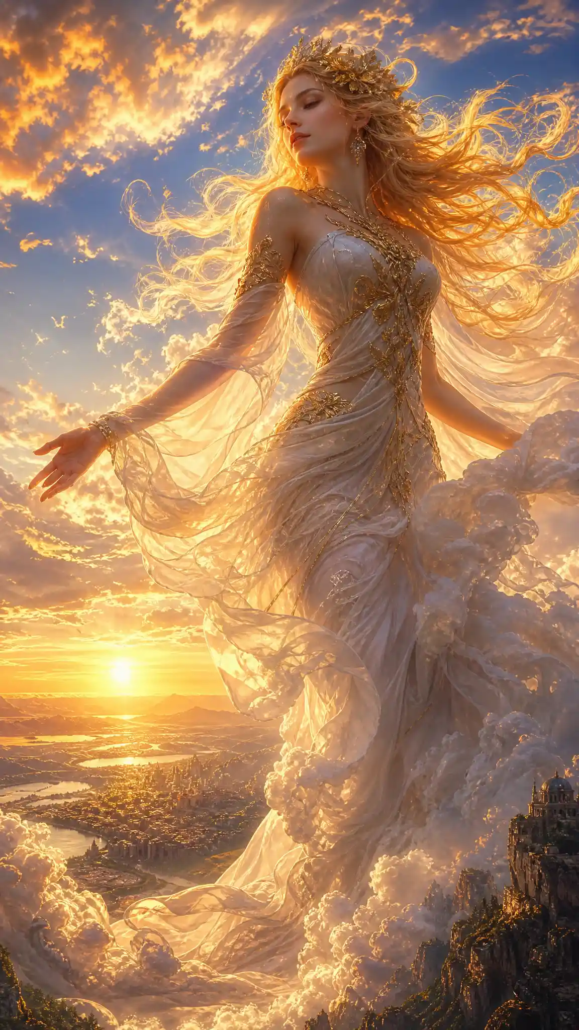 Donna eterea dai capelli dorati che fluttua sopra nuvole luminose