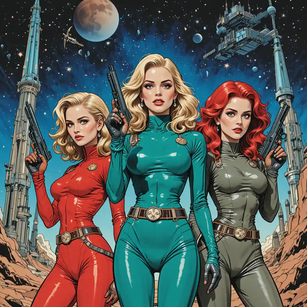 Three futuristic armed women against a cosmic starry backdrop