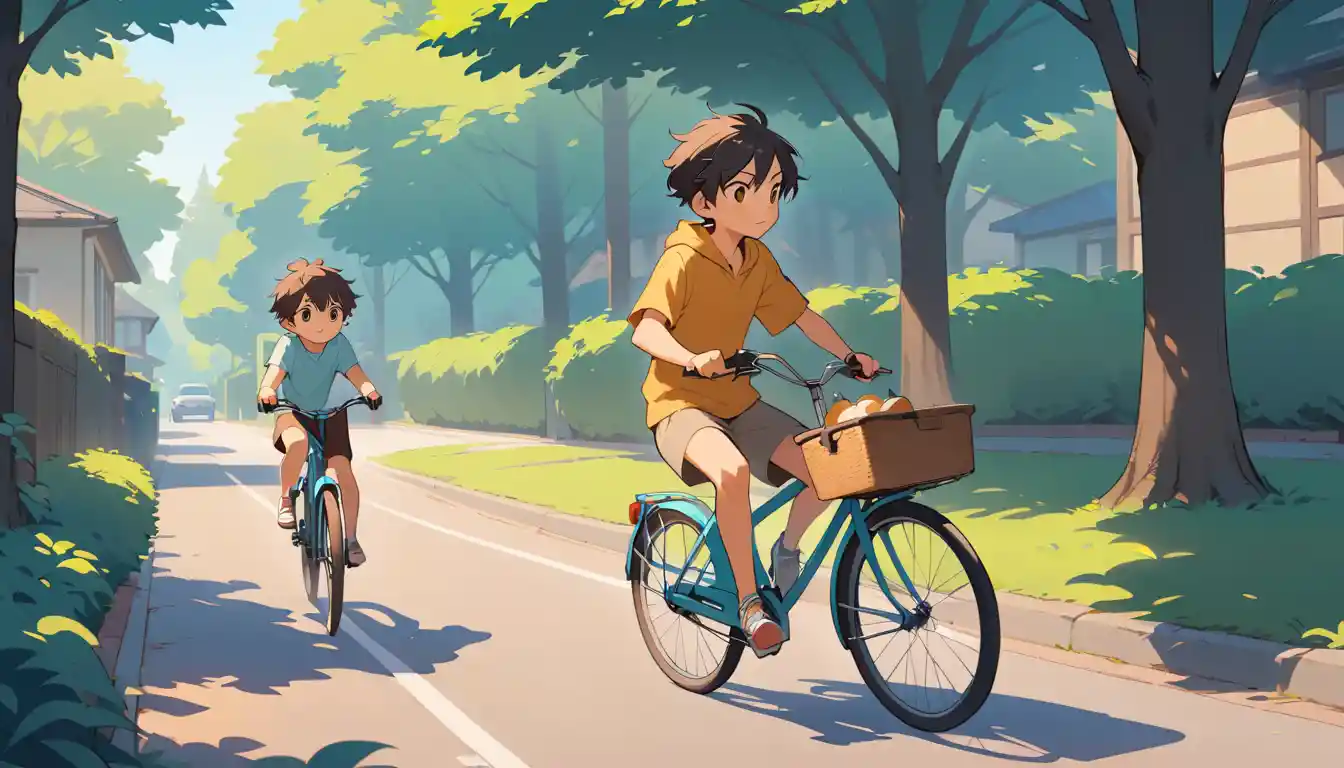 Older brother teaching younger brother to ride a bike