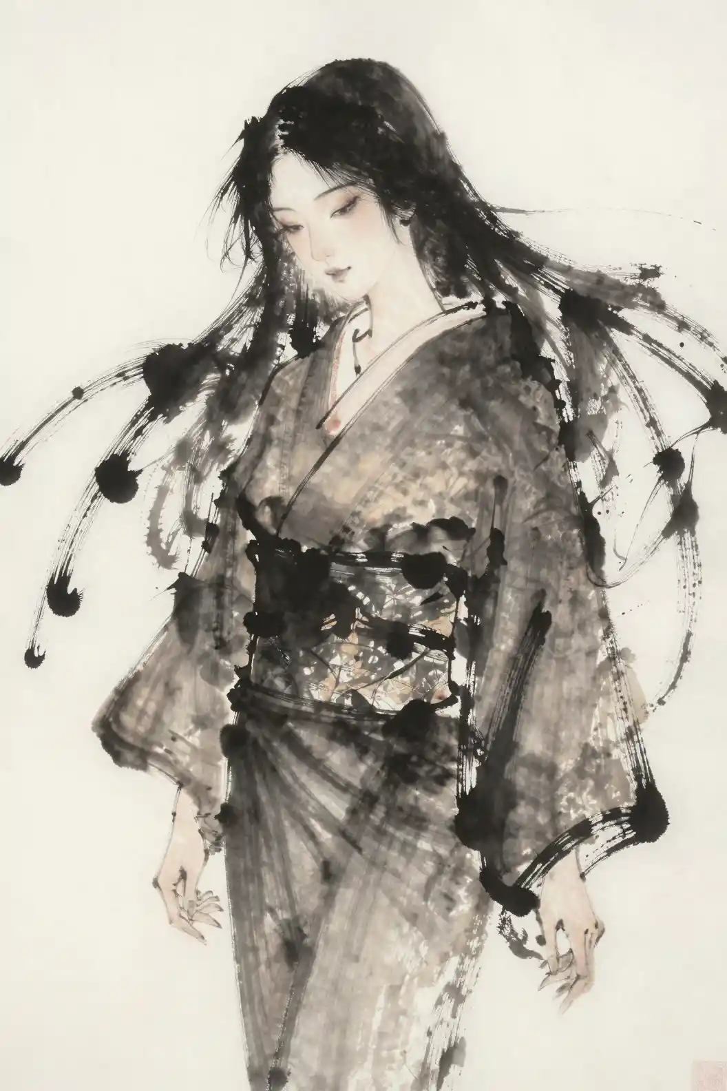 Sumi e ink portrait of a woman in traditional kimono