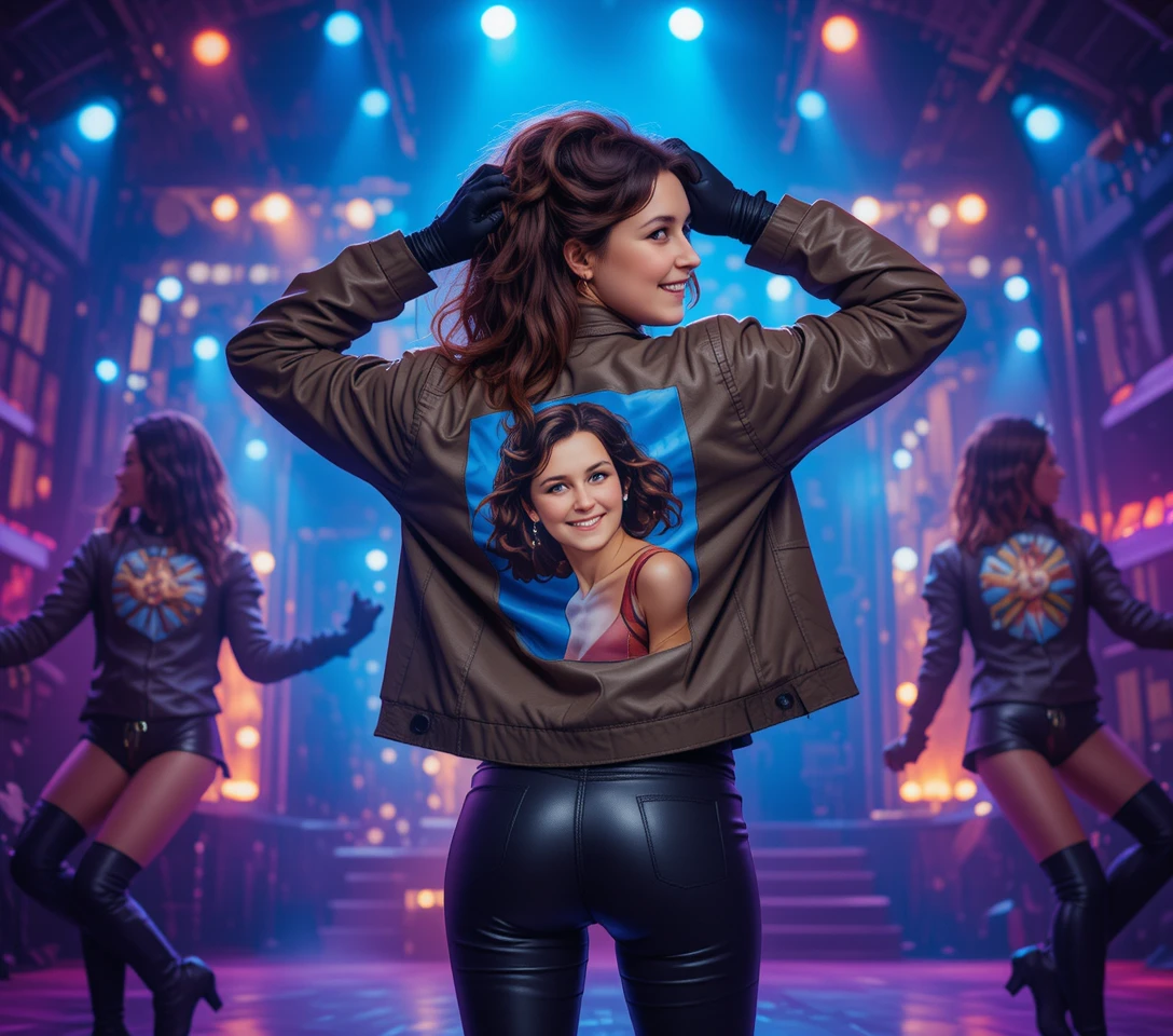 Woman posing on disco stage in aviator jacket and boots