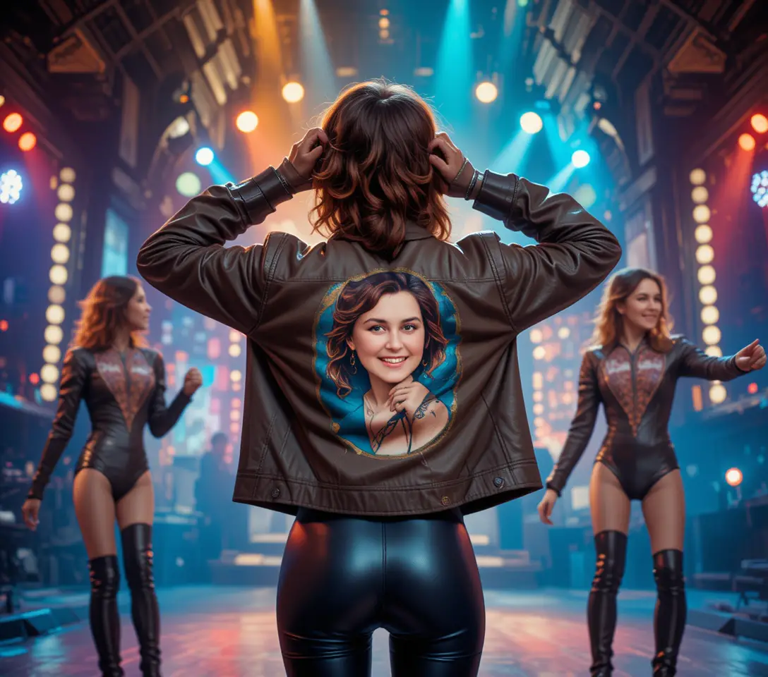 Woman in aviator jacket posing on colorful disco stage