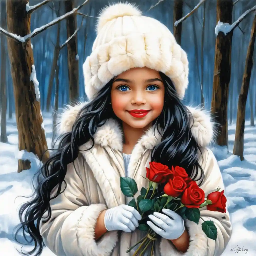 Smiling winter girl with roses and long black curly hair