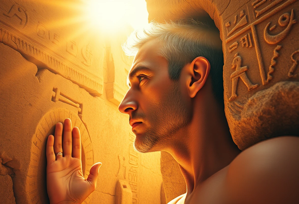 Alchemist touching ancient stone wall as light emerges
