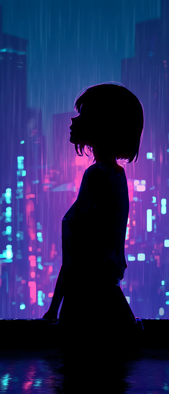 Heartbroken Anime Girl Embracing Her Fading Neon Shadow
