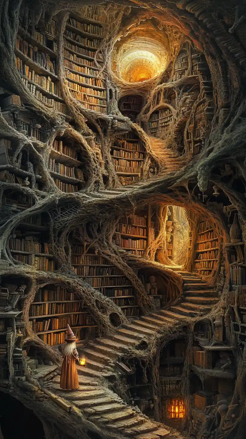 Surreal double exposure of gnome woman and underground library