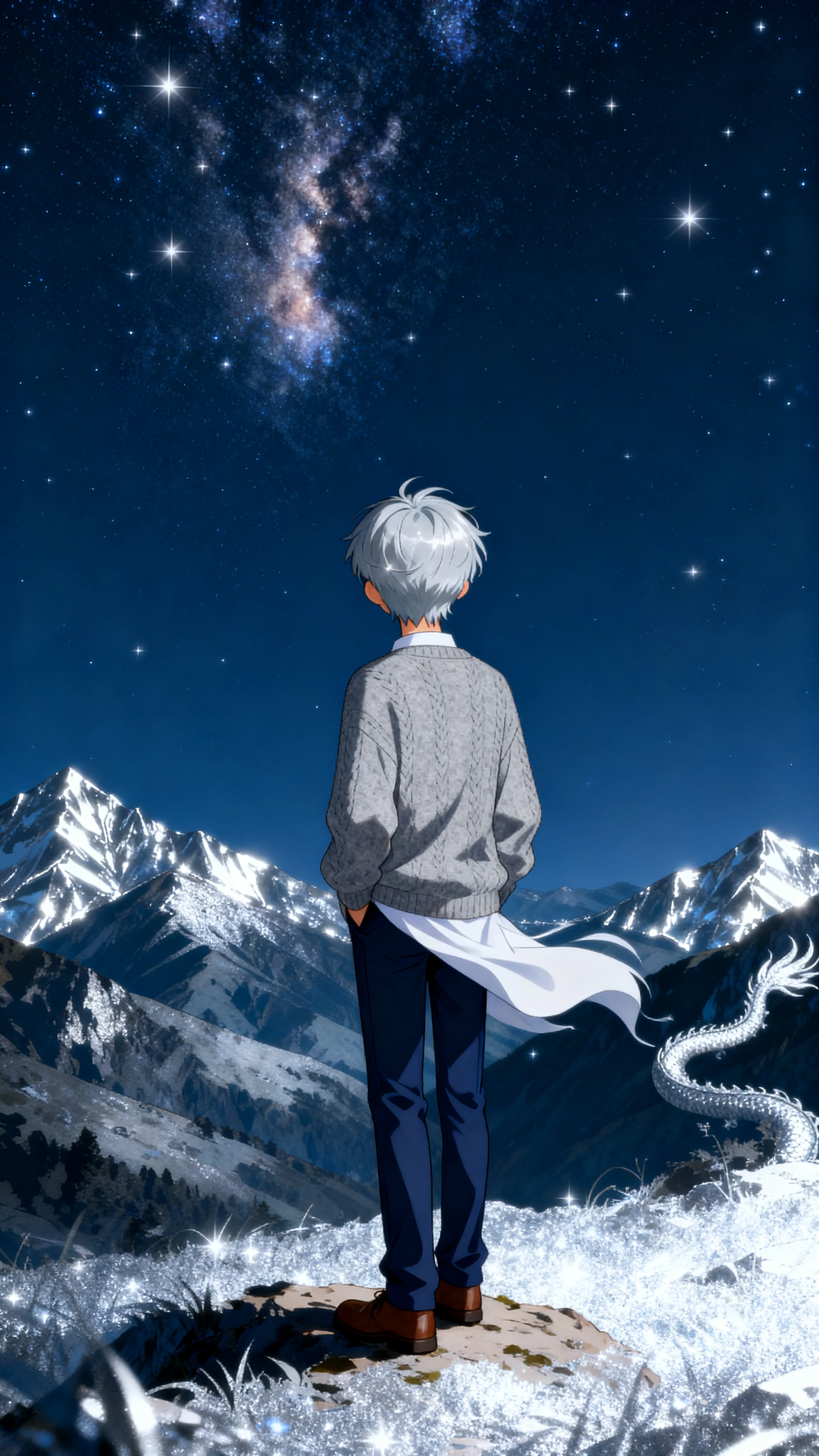 Hombre de anime con el pelo azul partido bajo un cielo estrellado de montaña