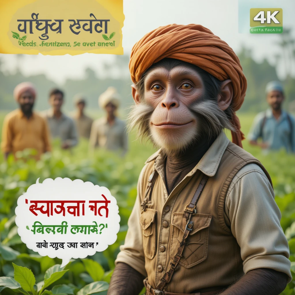 Indian monkey farmer in a green village field scene