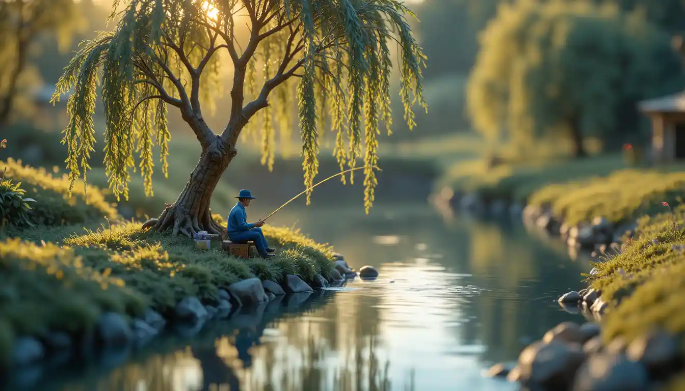 Miniature fisherman by a sunlit riverside in warm afternoon