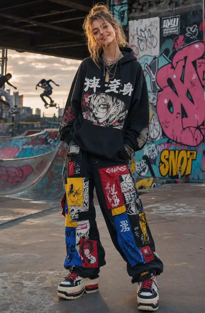 Playful cyberpunk streetwear woman in an urban skatepark