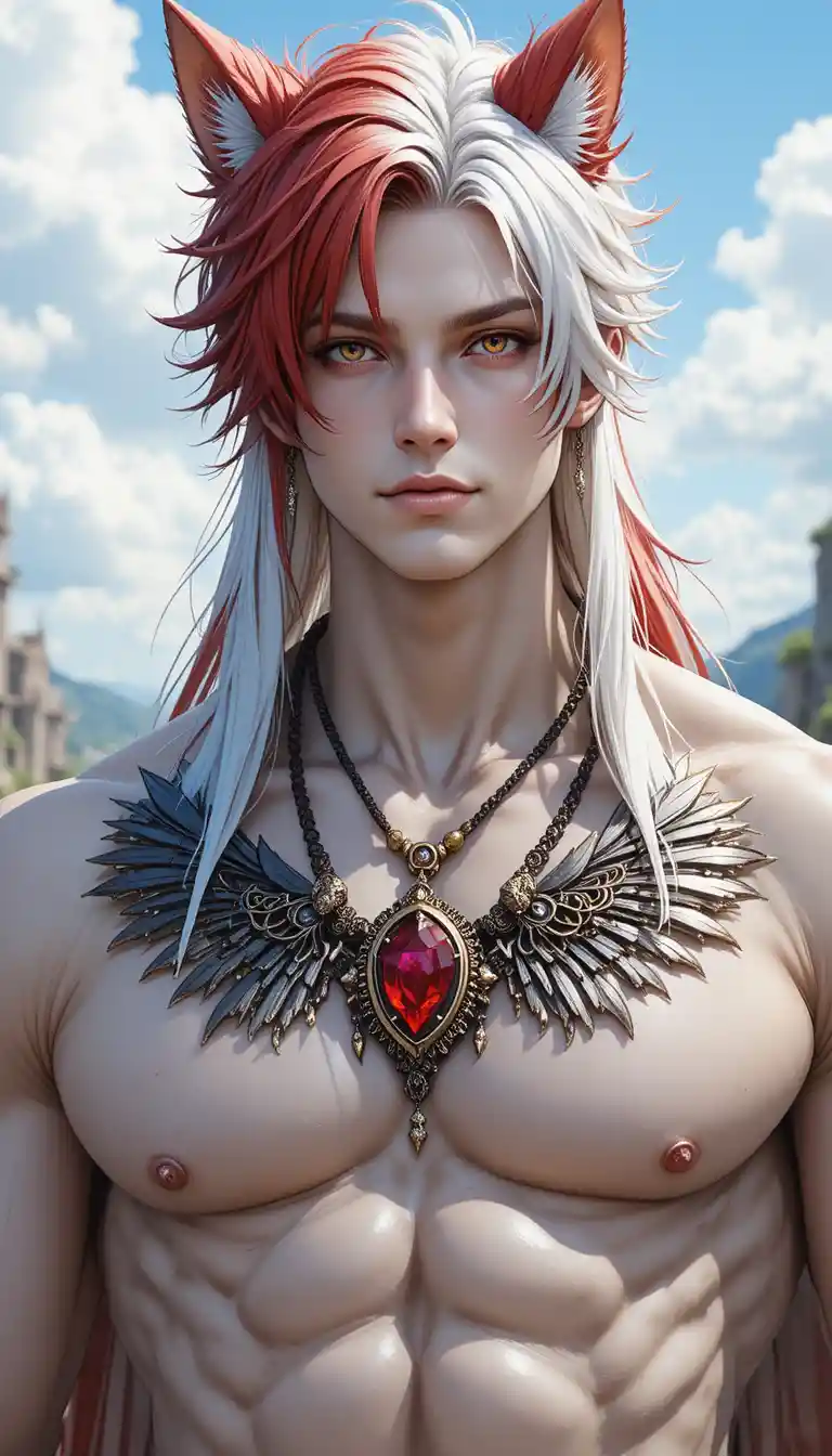Tall heterochromatic anime man with long two tone hair