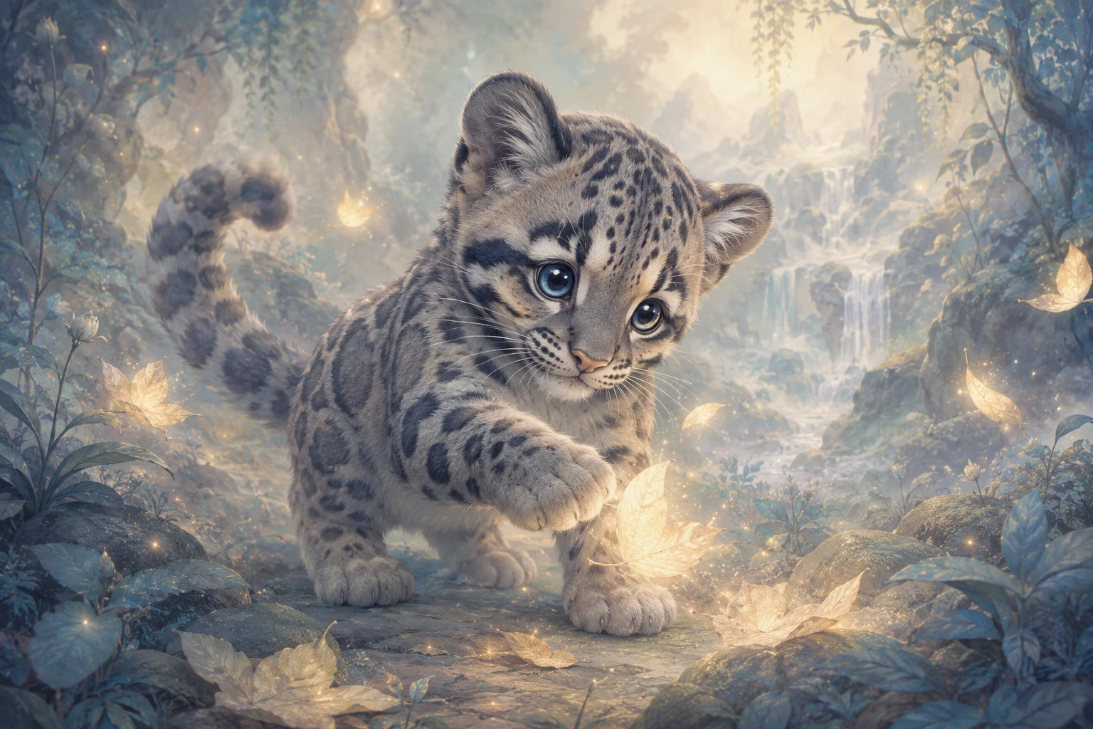 Cute Baby Clouded Leopard Playing With Glowing Forest Leaves